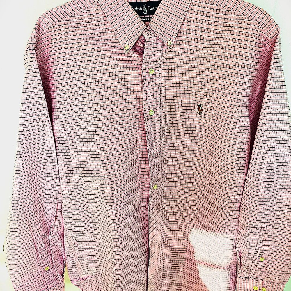 Ralph Lauren pink plaid button down oxford 16 1/2  neck 34/35 sleeve